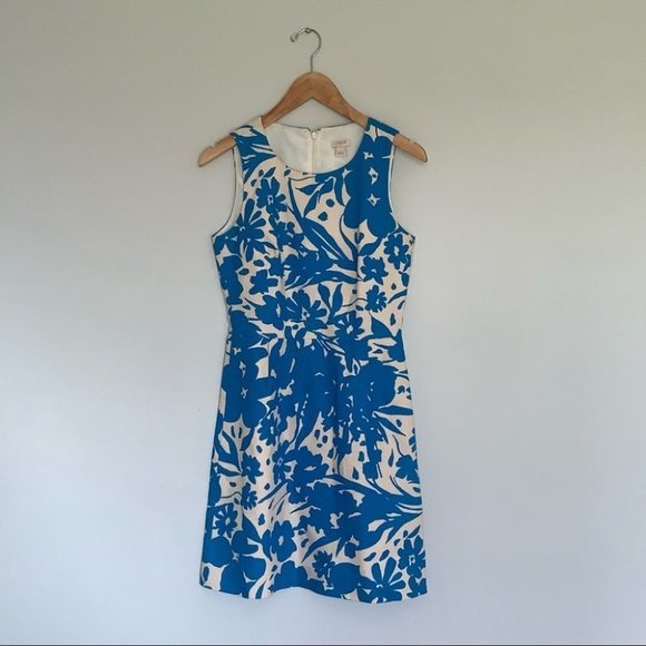 J. Crew Floral Printed Pleated Shift Dress Cotton Blue Beige Women’s Size 0 US - Picture 3 of 11